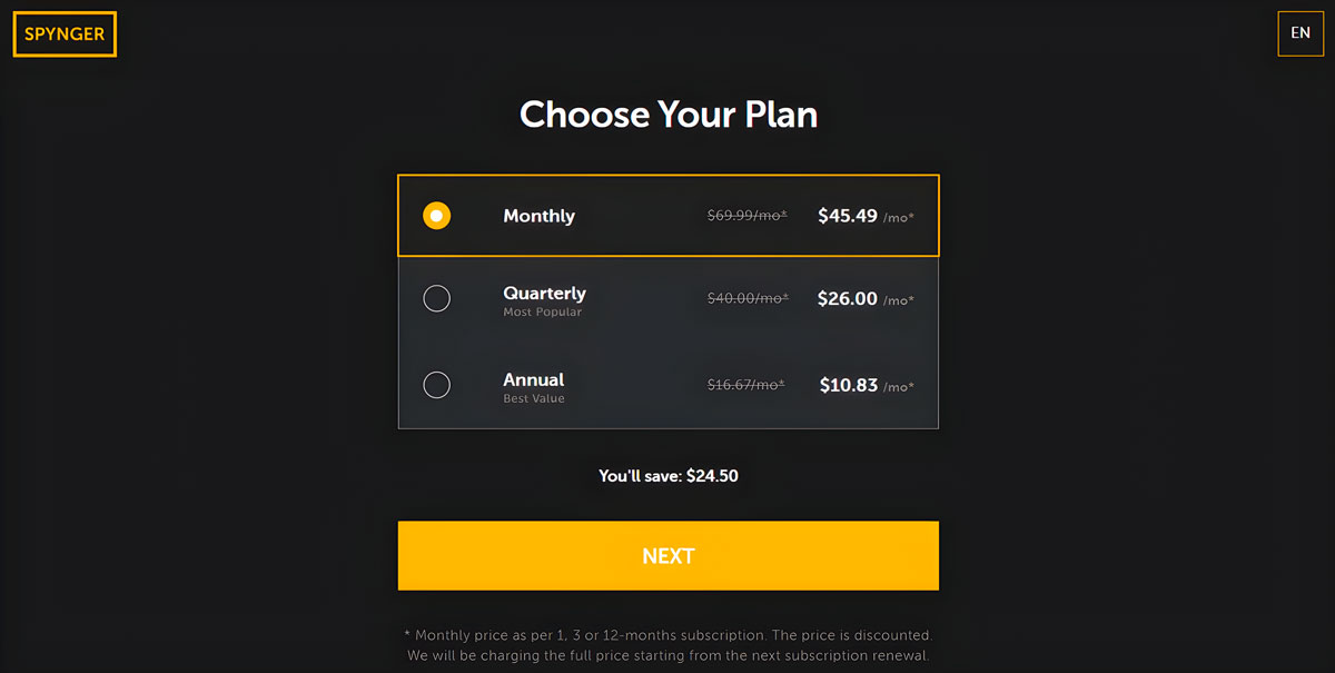 Spynger's pricing plans